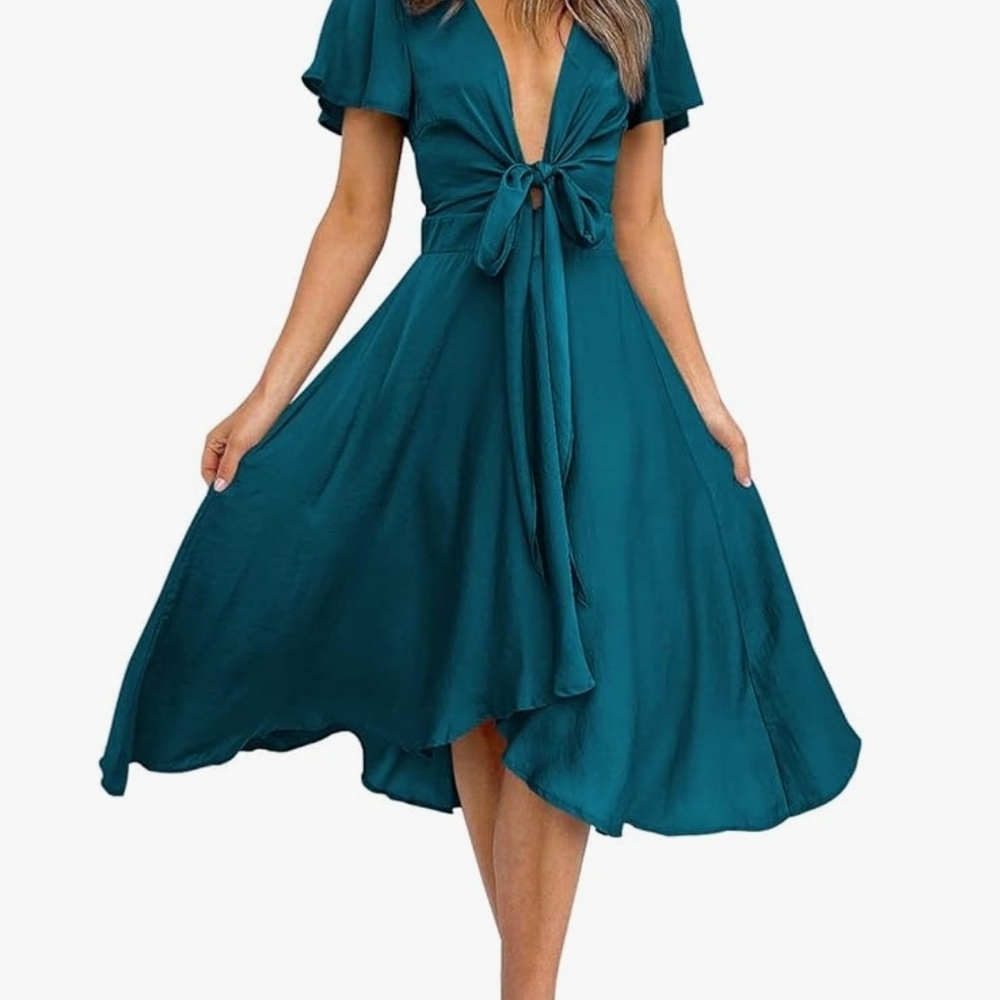 VENUS Green and Blue High Low Sundress with Tie Front